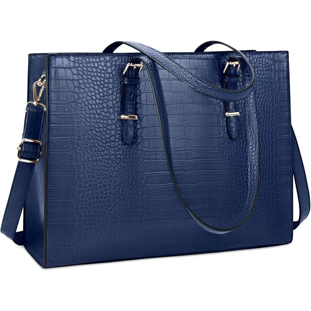 〽️Women Blue Leather Waterproof Professional Shoulder Bag 15.6 Inch Laptop Bag